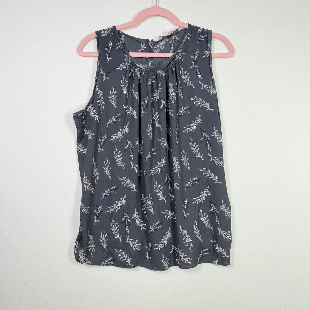 LOFT Grey Botanical Sprig Print Sleeveless Pleated Shell Top XLP